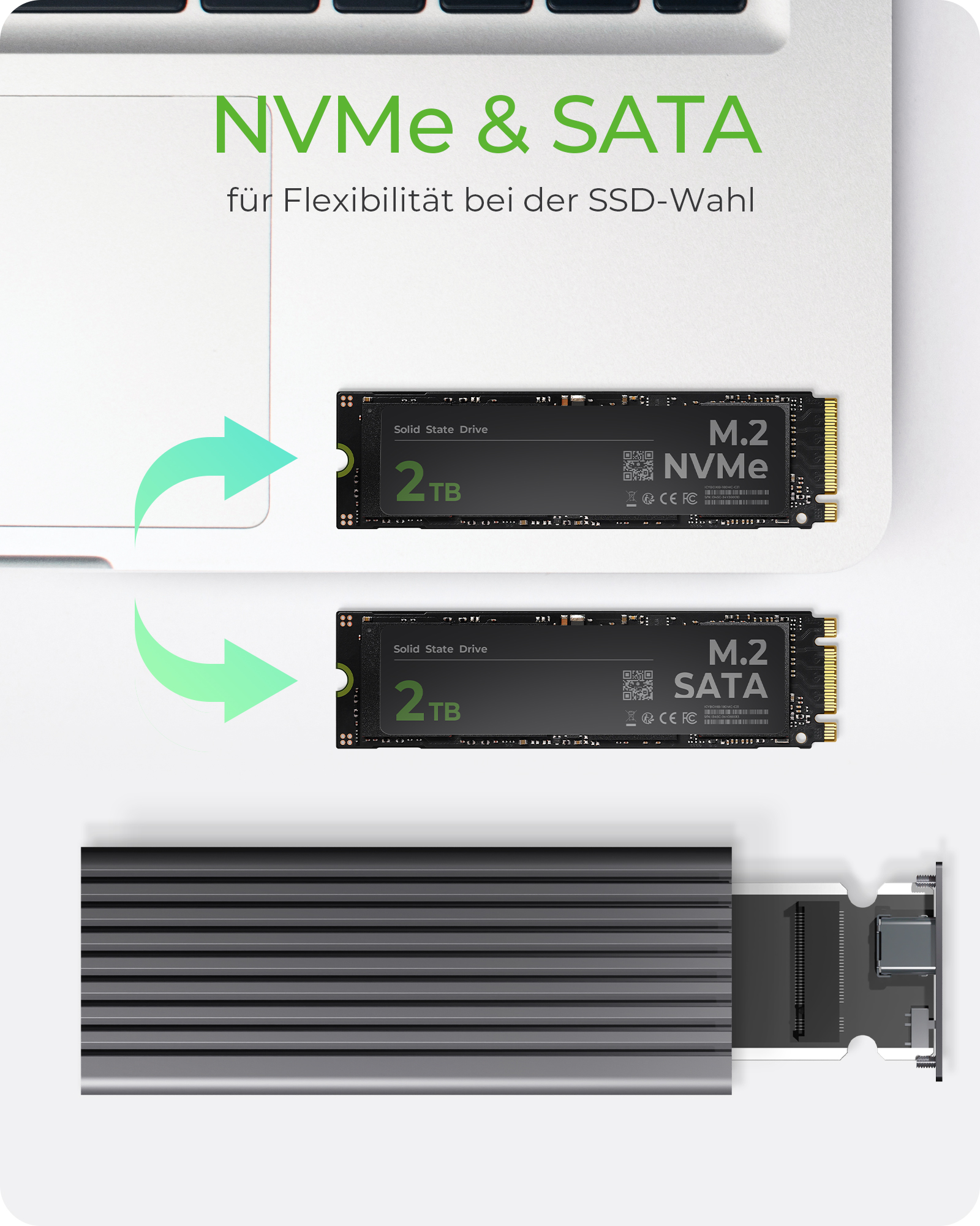 Gehäuse für 1x M.2 NVMe & SATA mit USB 3.1 (Gen 2) Type-C® & Type-A Anschluss, Schreibschutz und Wärmeleitpad