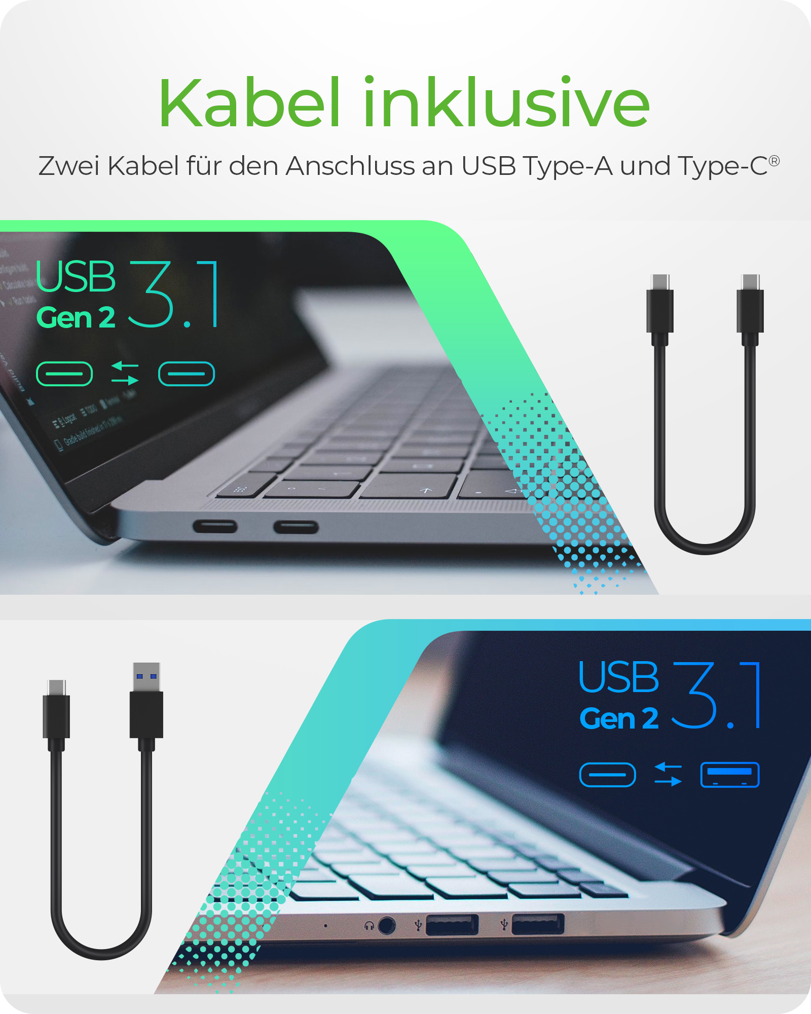 Gehäuse für 1x M.2 NVMe & SATA mit USB 3.1 (Gen 2) Type-C® & Type-A Anschluss, Schreibschutz und Wärmeleitpad