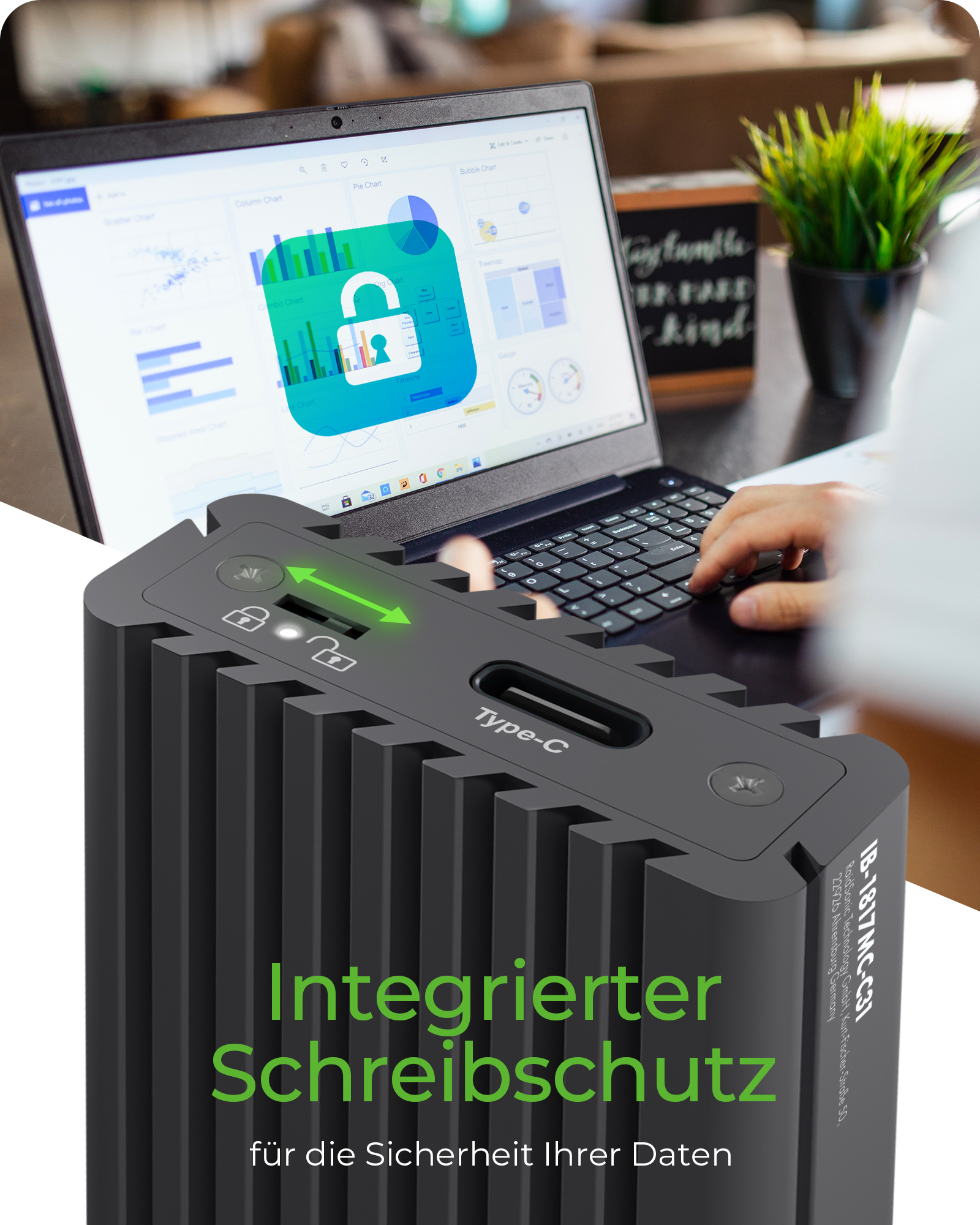 Gehäuse für 1x M.2 NVMe & SATA mit USB 3.1 (Gen 2) Type-C® & Type-A Anschluss, Schreibschutz und Wärmeleitpad