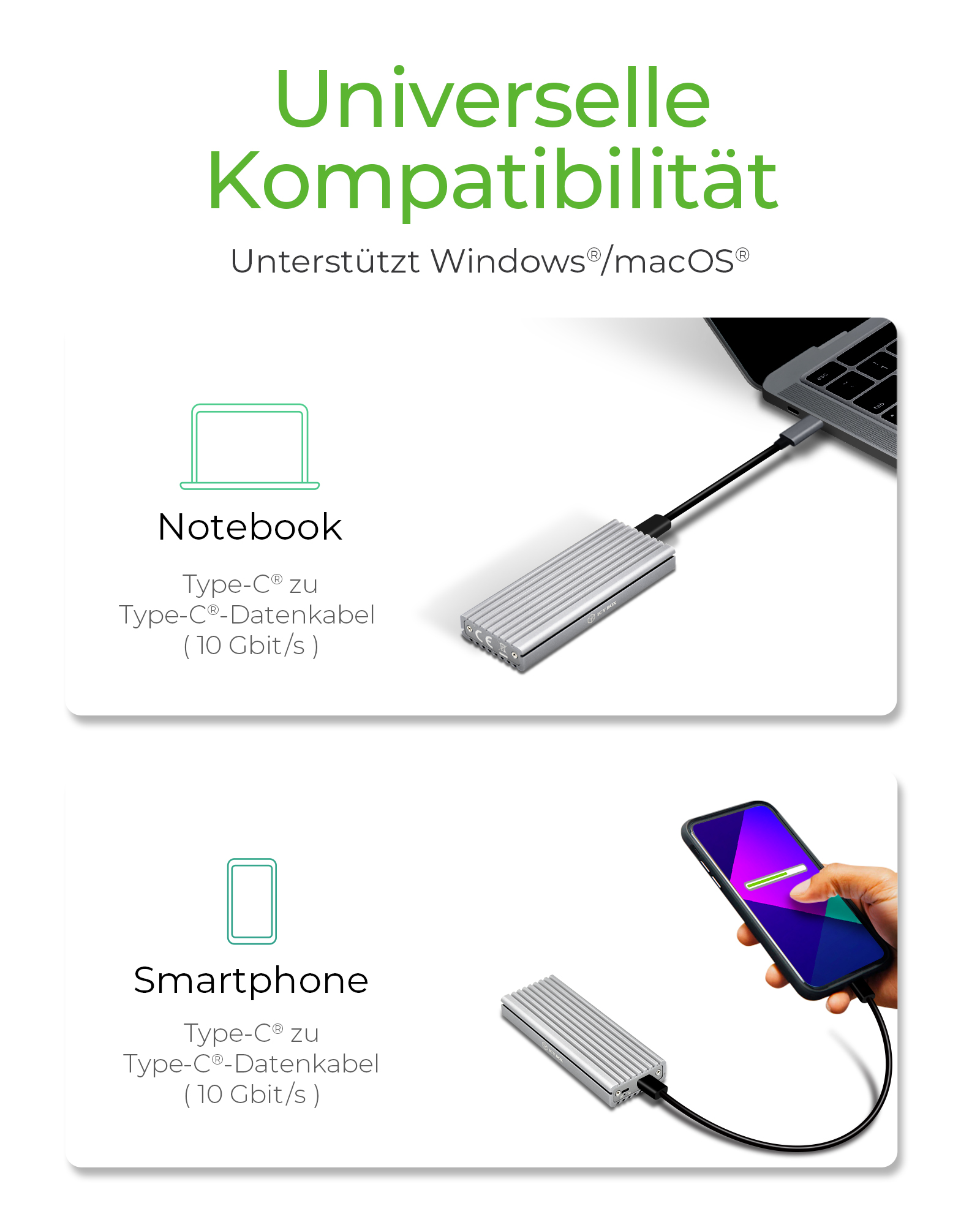 Gehäuse für 1x NVMe mit USB 3.1 (Gen 2) Type-C® und Type-A Anschluss