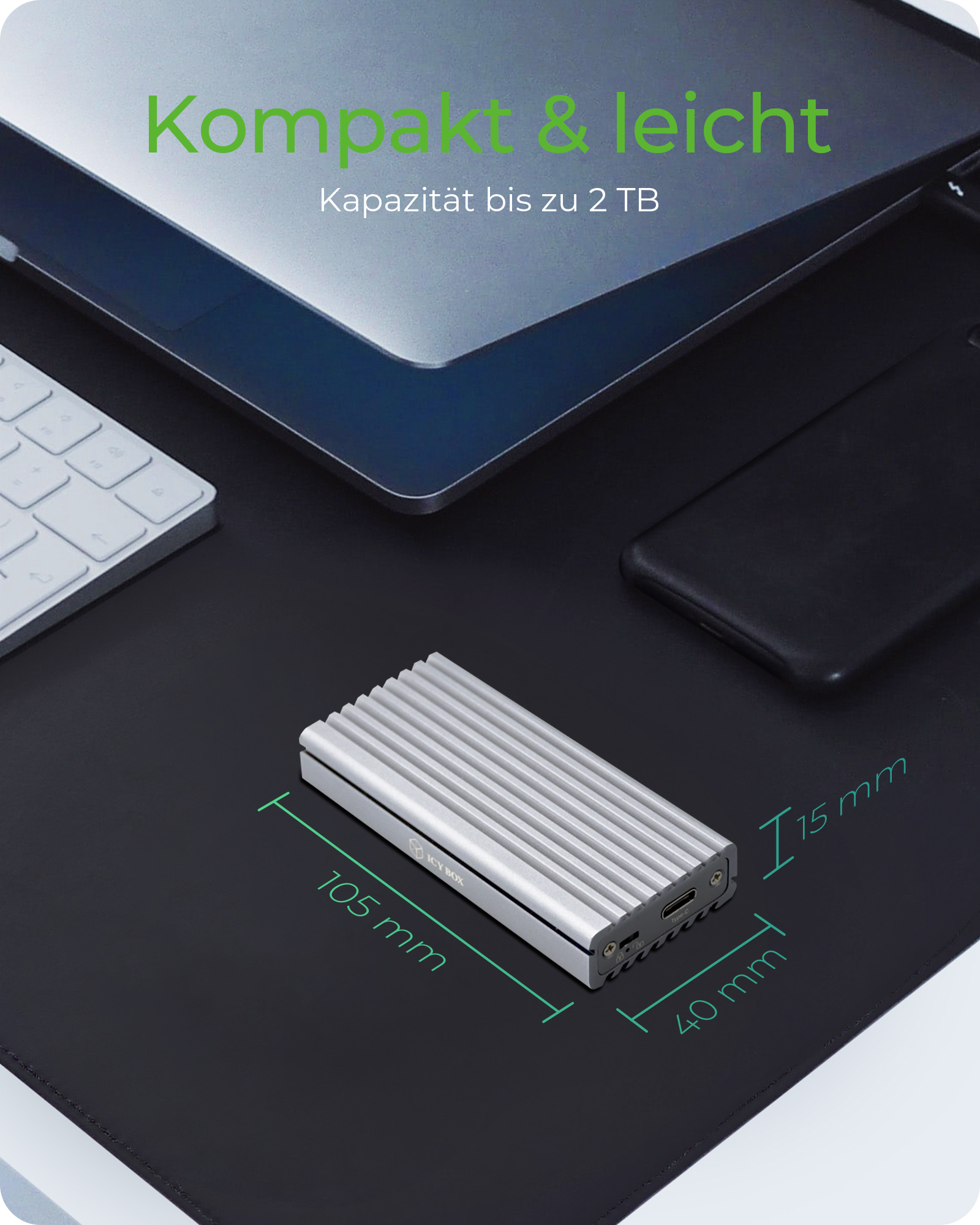 Gehäuse für 1x NVMe mit USB 3.1 (Gen 2) Type-C® und Type-A Anschluss