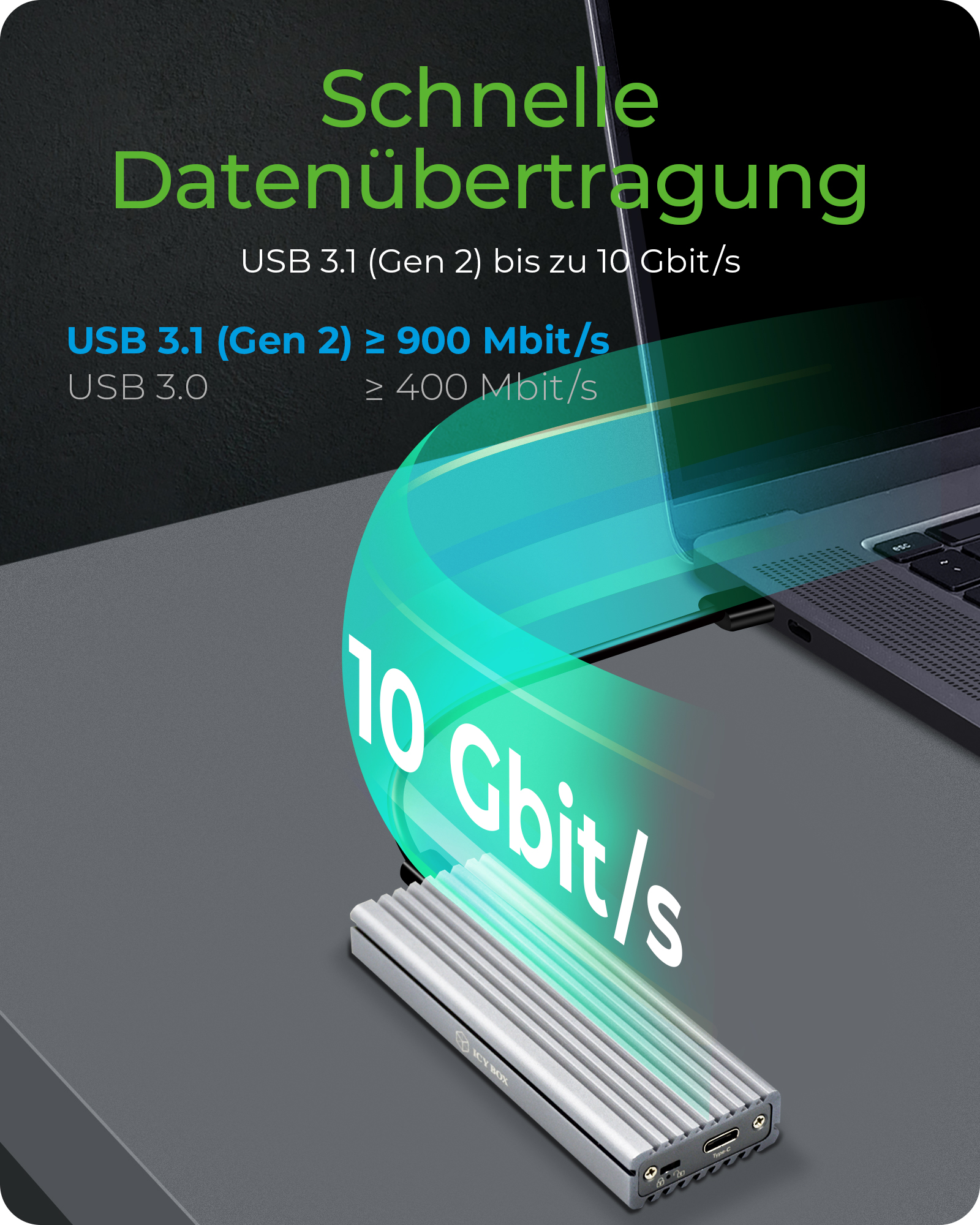 Gehäuse für 1x NVMe mit USB 3.1 (Gen 2) Type-C® und Type-A Anschluss