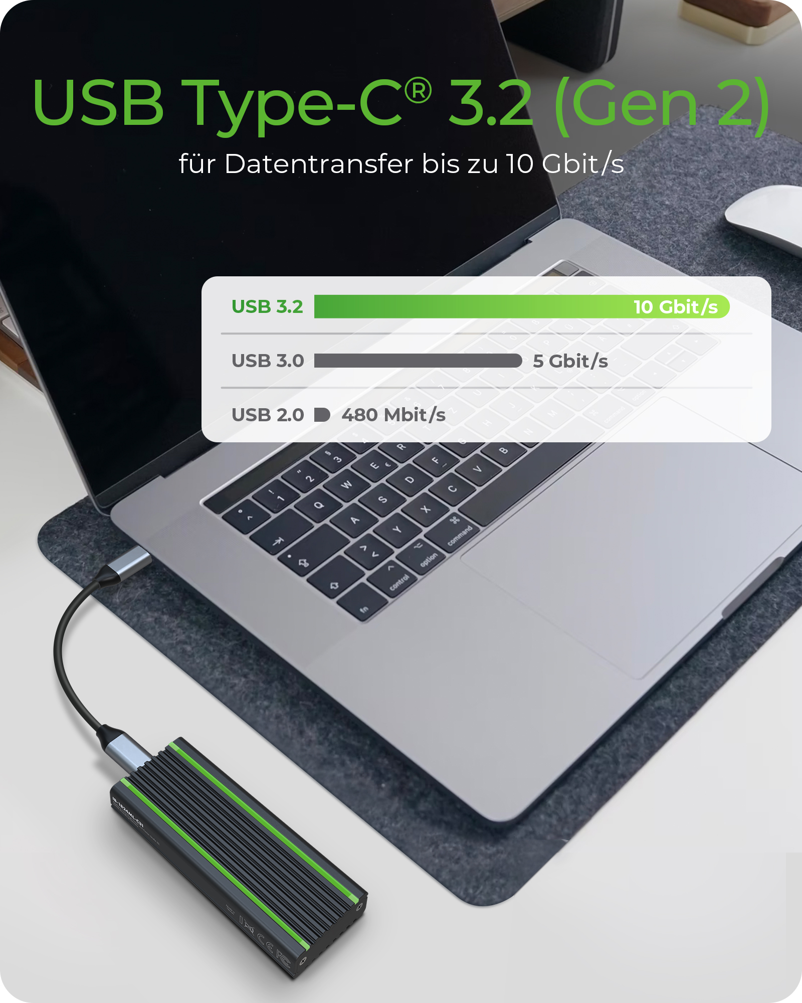 Gehäuse für 1x NVMe mit USB 3.2 Gen 2 Type-C® und Type-A Anschluss und LED Beleuchtung