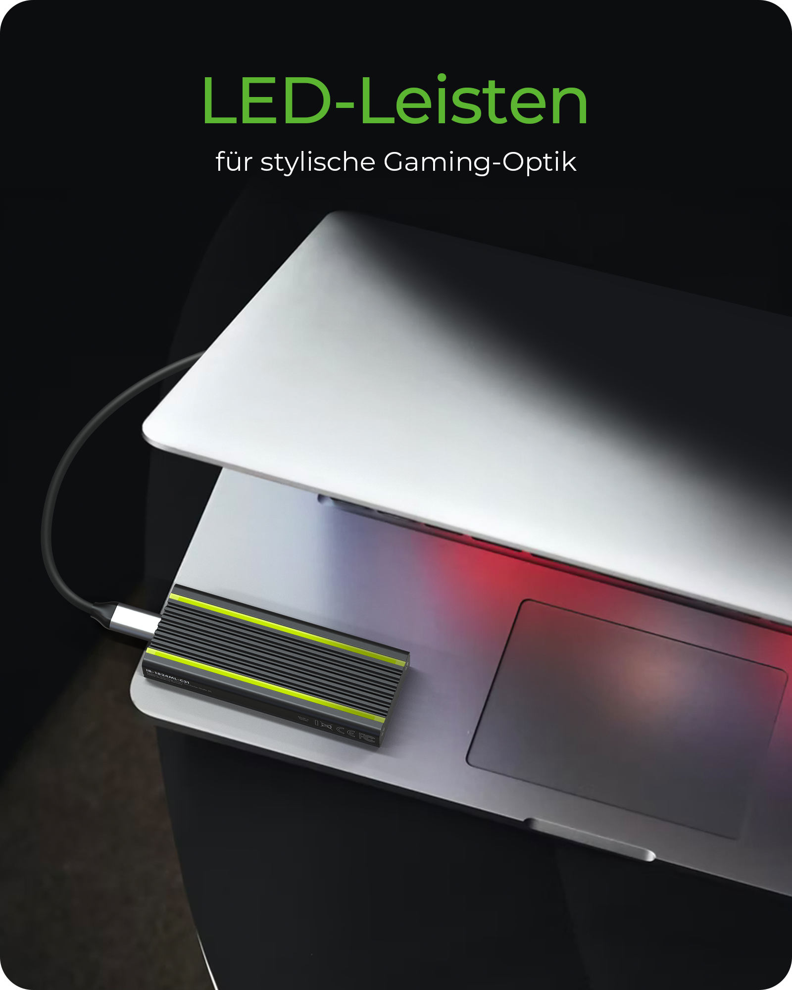 Gehäuse für 1x NVMe mit USB 3.2 Gen 2 Type-C® und Type-A Anschluss und LED Beleuchtung