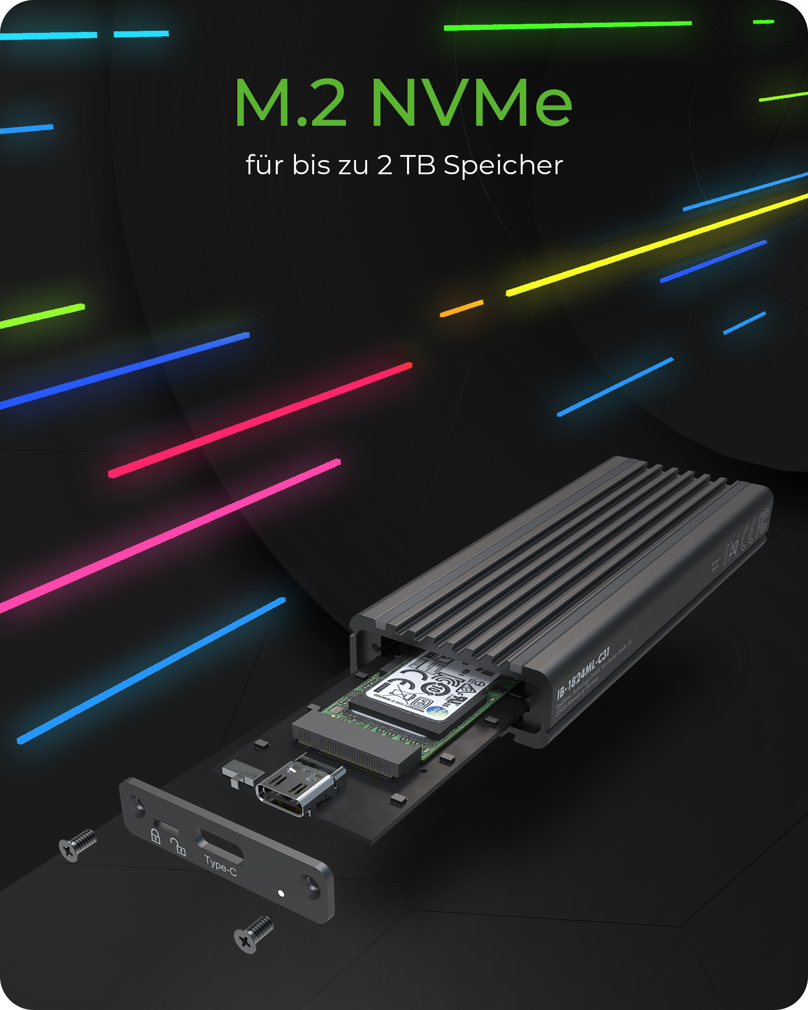 Gehäuse für 1x NVMe mit USB 3.2 Gen 2 Type-C® und Type-A Anschluss und LED Beleuchtung