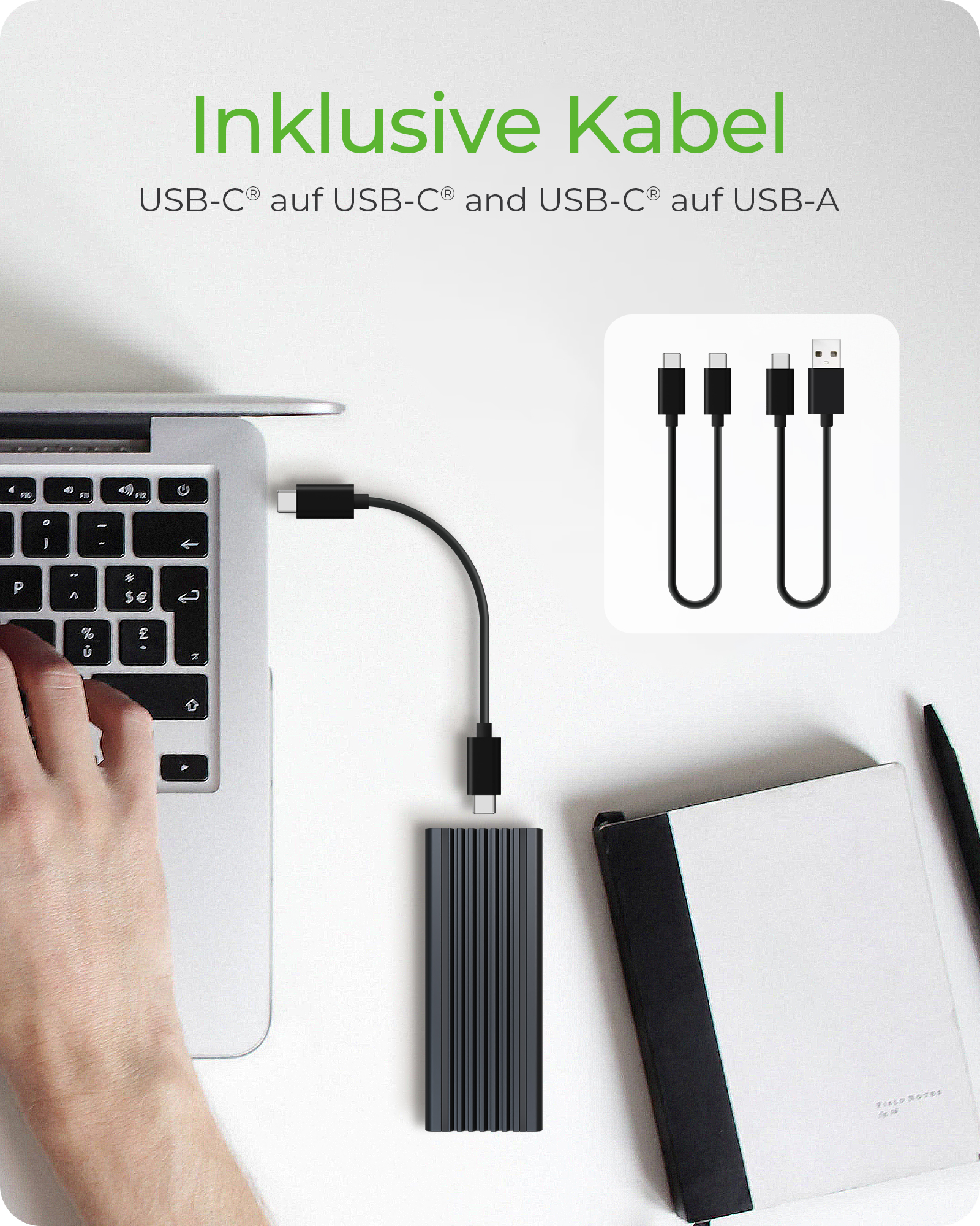 Gehäuse für 1x NVMe mit USB 3.2 Gen 2 Type-C® und Type-A Anschluss und LED Beleuchtung