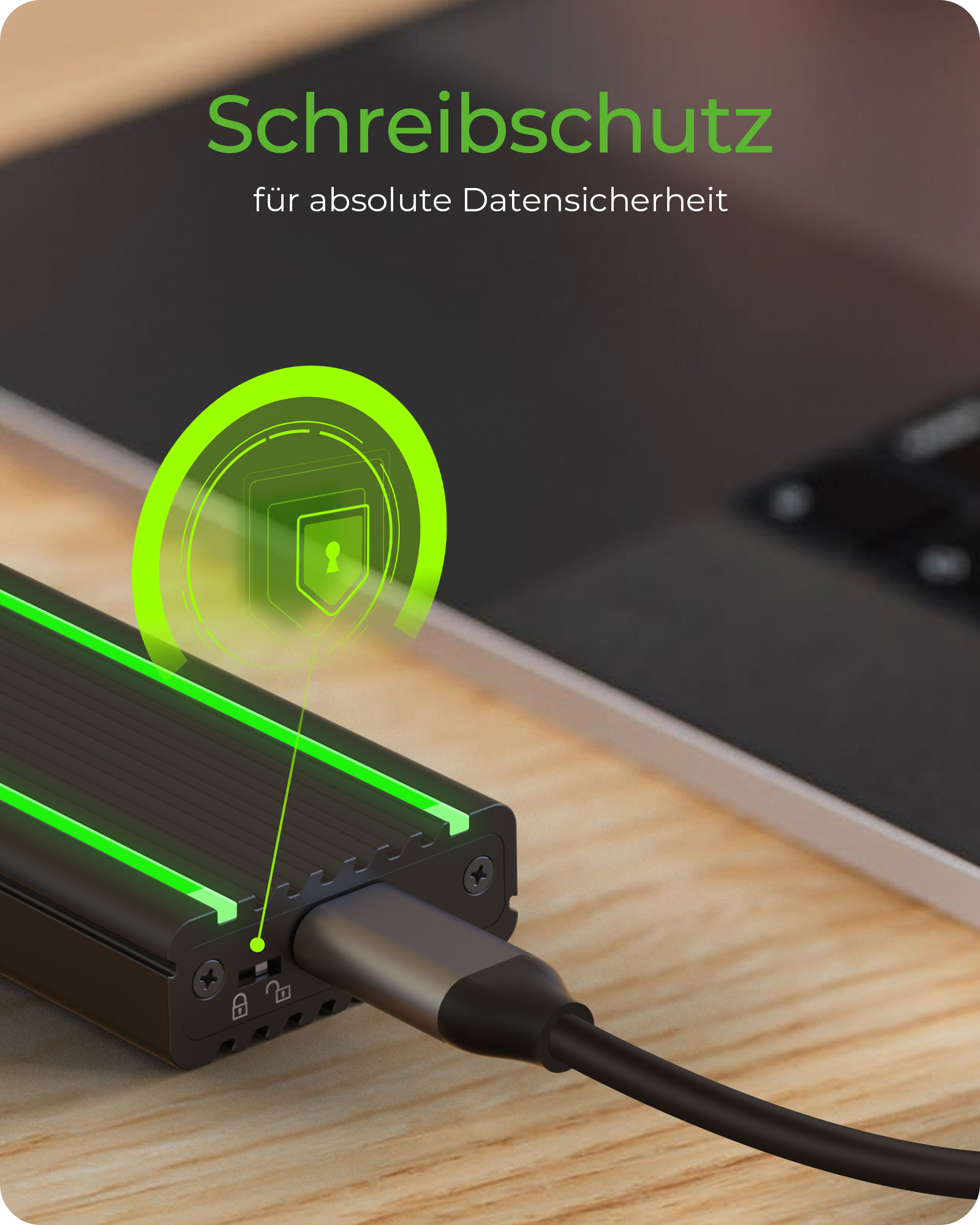 Gehäuse für 1x NVMe mit USB 3.2 Gen 2 Type-C® und Type-A Anschluss und LED Beleuchtung