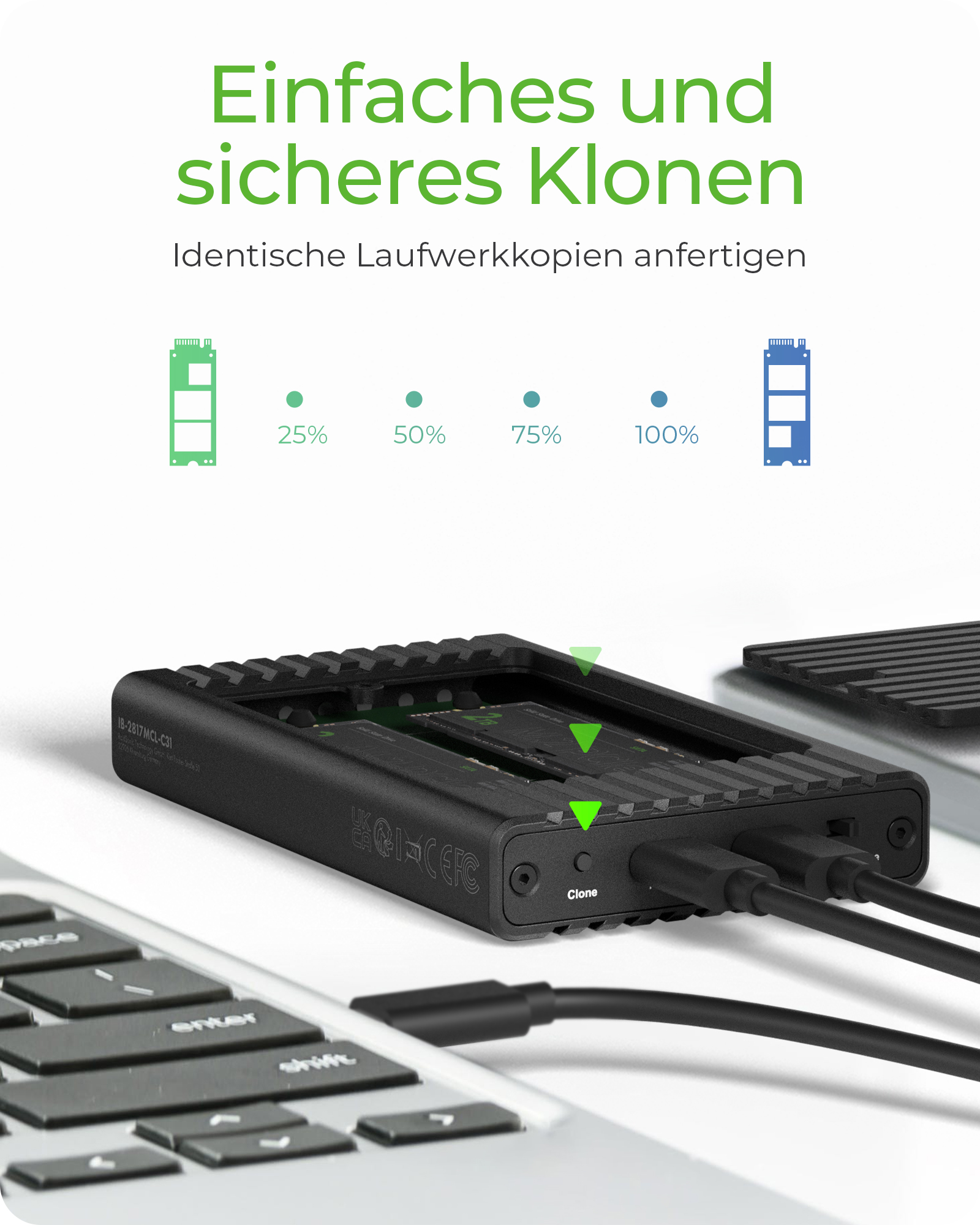 Gehäuse für zwei NVMe SSDs mit Klonfunktion und USB Type-C® oder Type-A