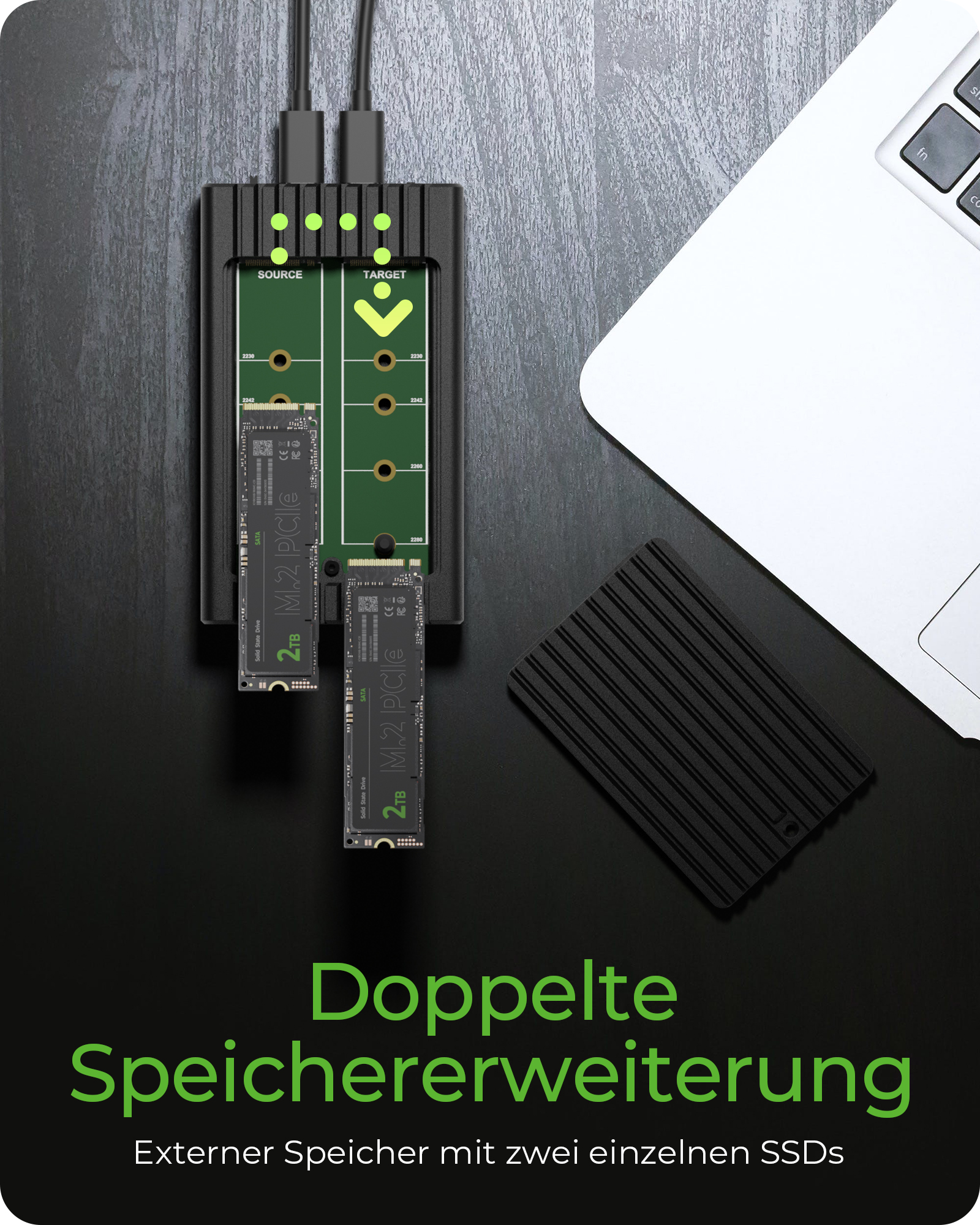 Gehäuse für zwei NVMe SSDs mit Klonfunktion und USB Type-C® oder Type-A