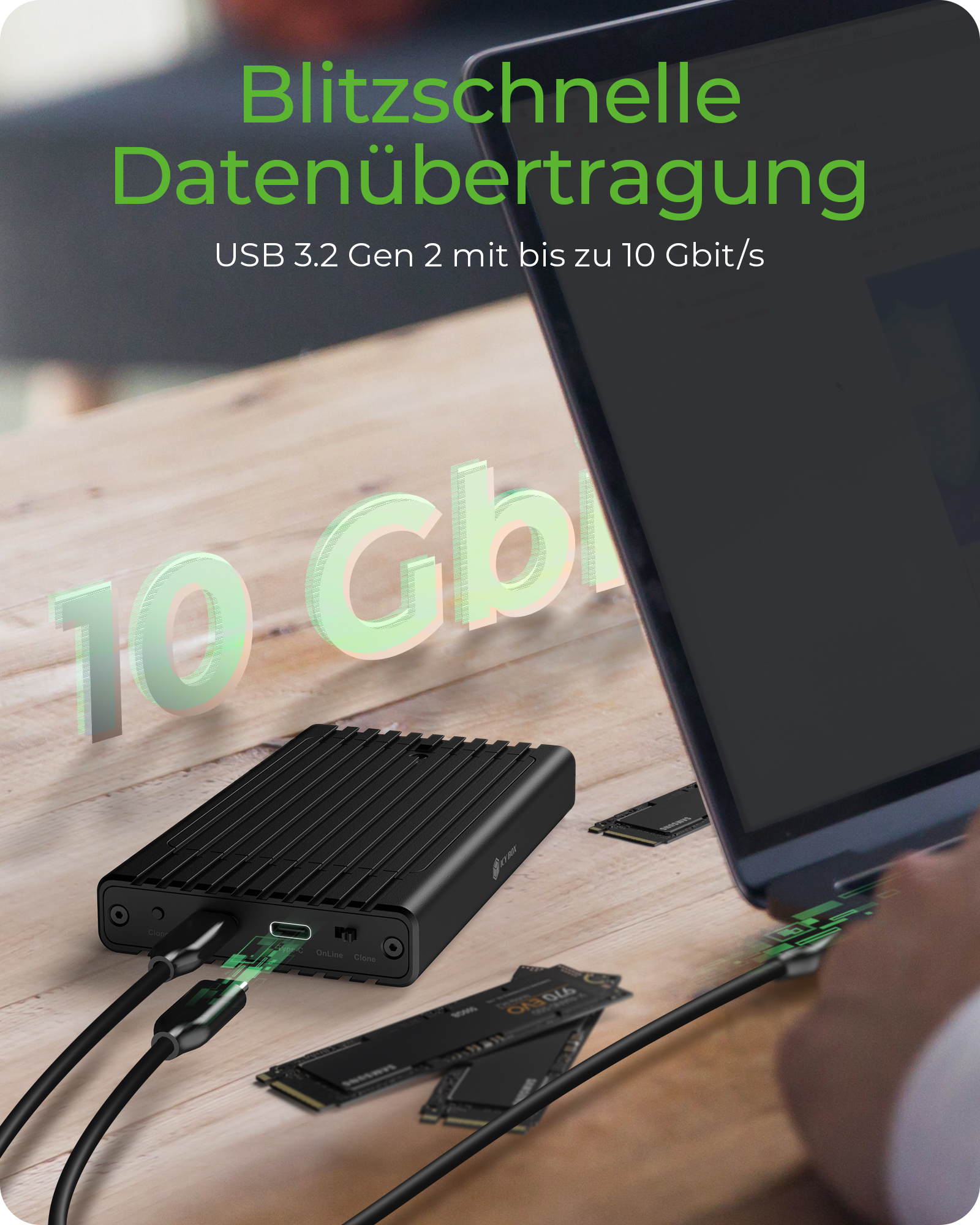 Gehäuse für zwei NVMe SSDs mit Klonfunktion und USB Type-C® oder Type-A