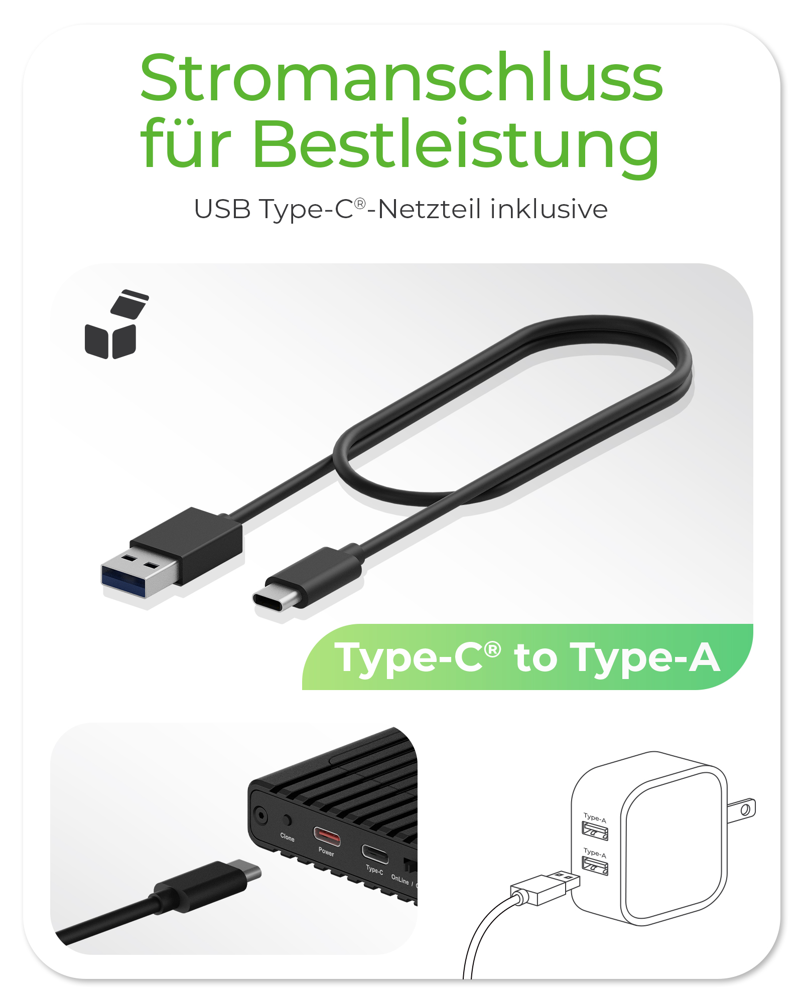 Gehäuse für zwei NVMe SSDs mit Klonfunktion und USB Type-C® oder Type-A
