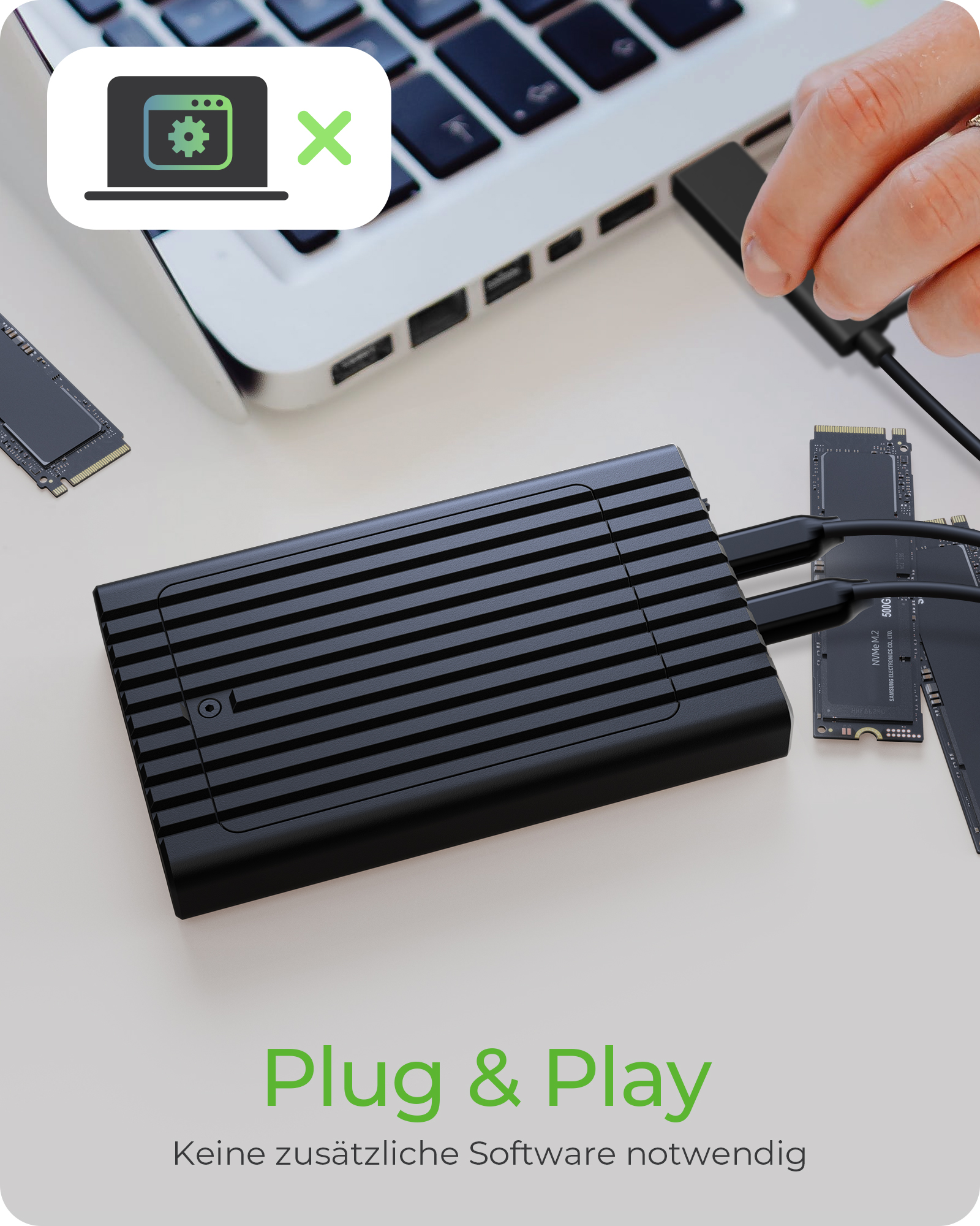 Gehäuse für zwei NVMe SSDs mit Klonfunktion und USB Type-C® oder Type-A