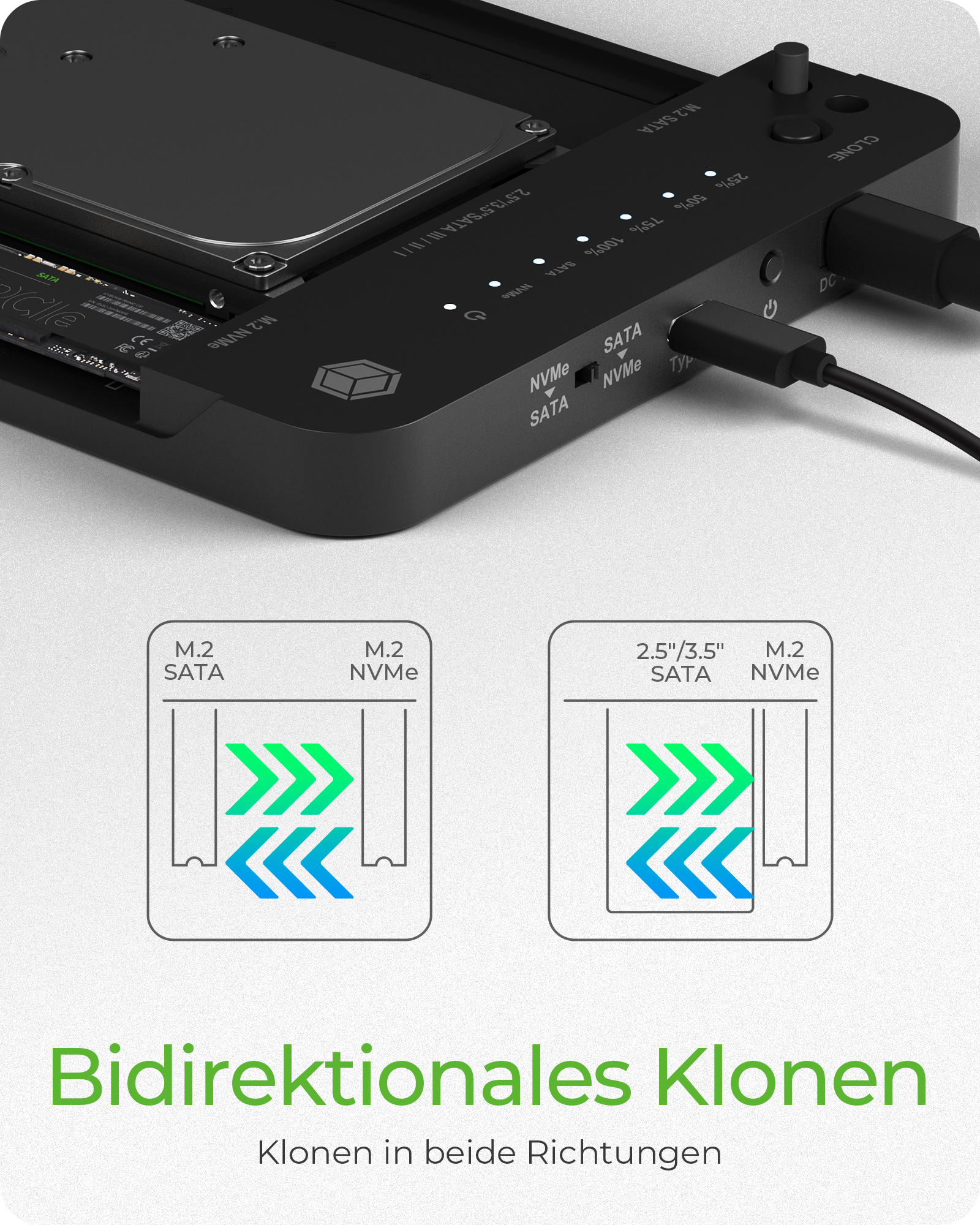 CloneStation & DockingStation für M.2 NVME & SATA 2.5''/3.5'' SSD/HDD