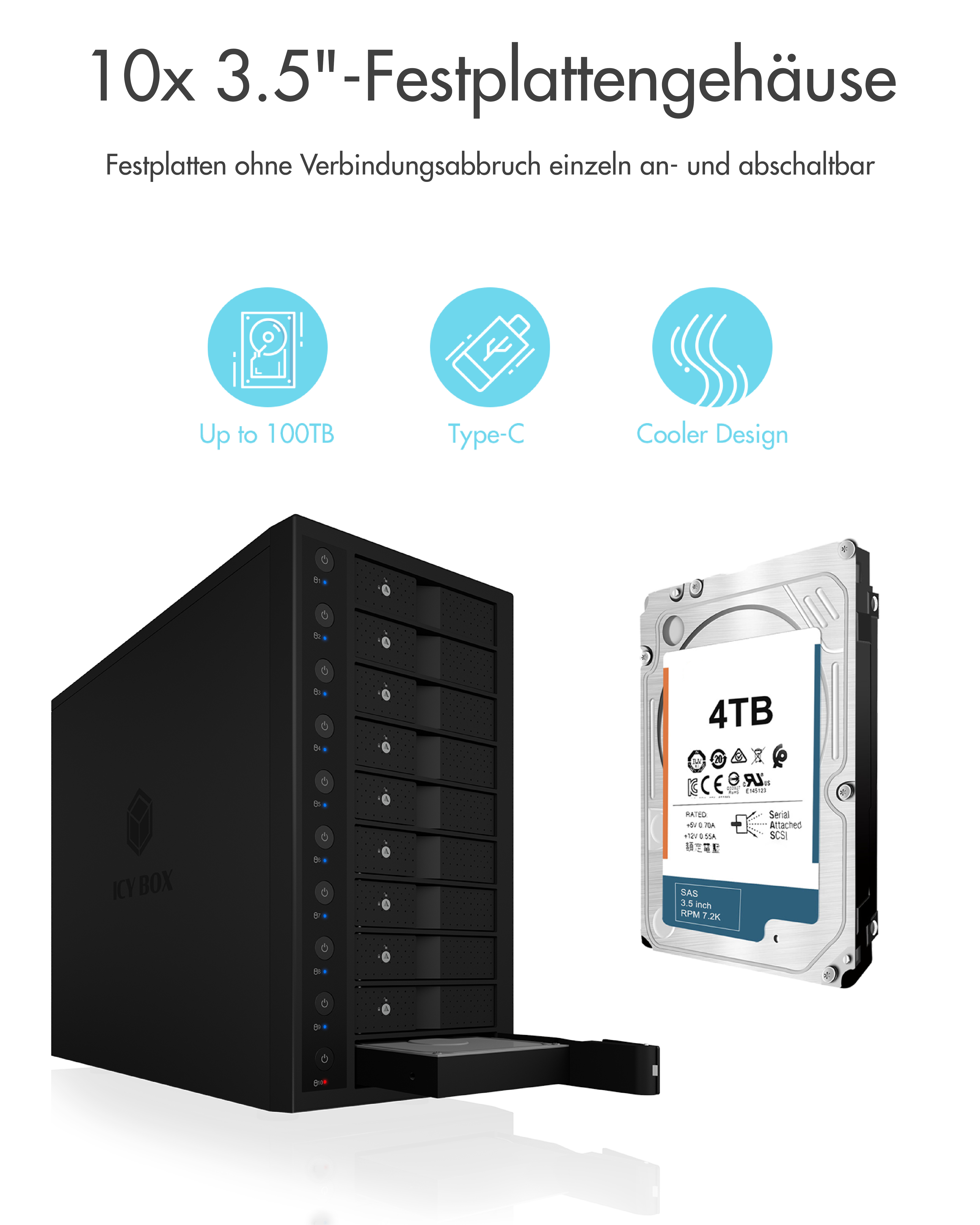 SINGLE Gehäuse für 10x HDD mit USB 3.1 (Gen 2) Type-C® und Type-A Anschluss