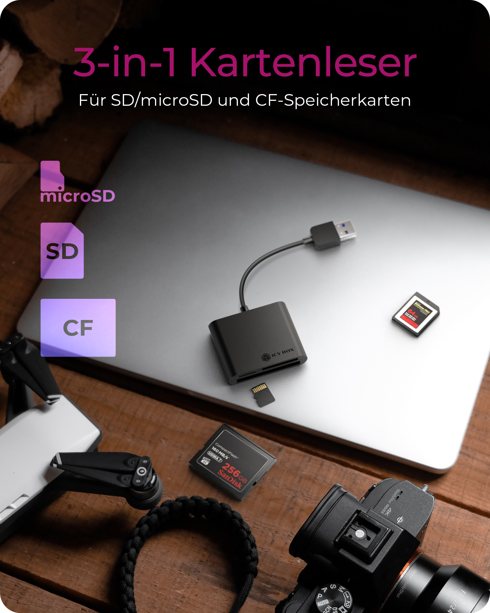 3-fach Kartenleser mit USB 3.0 Type-A Anschluss