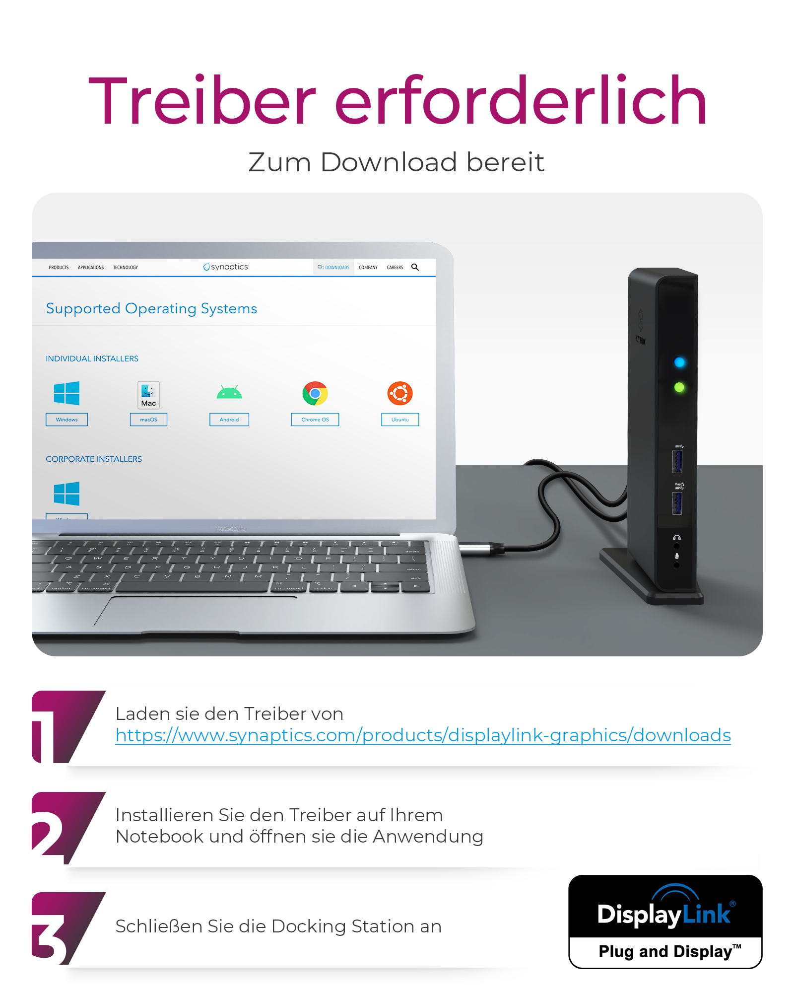 11-in-1 USB 3.0 Type-A Dock mit zwei Videoanschlüssen