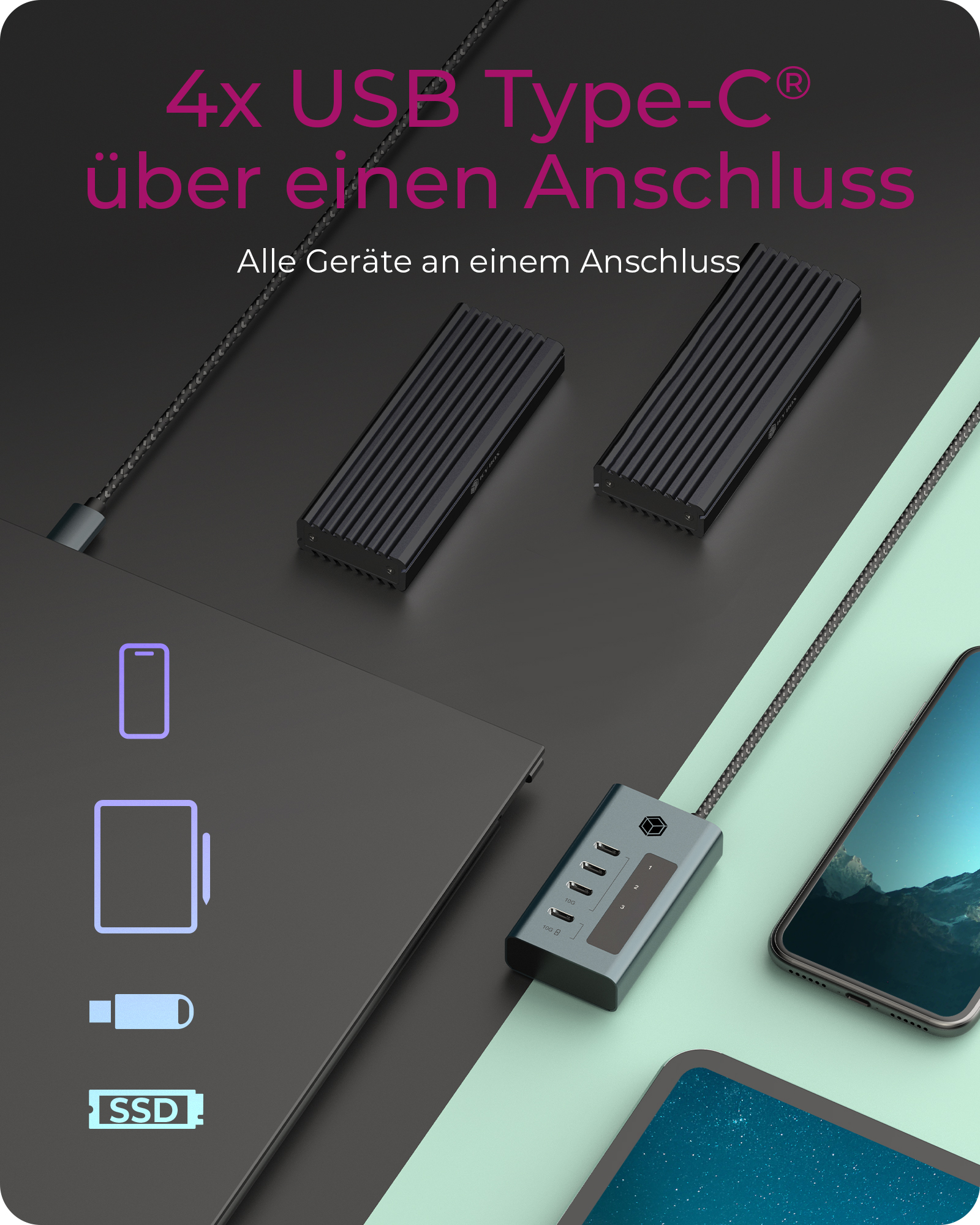 4-Port Hub mit USB 3.2 Gen 2 Type-C® Anschluss