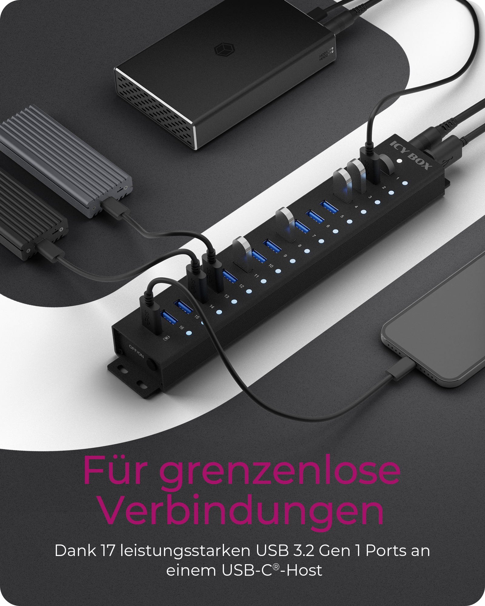 17-Port Hub mit USB 3.2 Gen 1 Type-A Anschluss