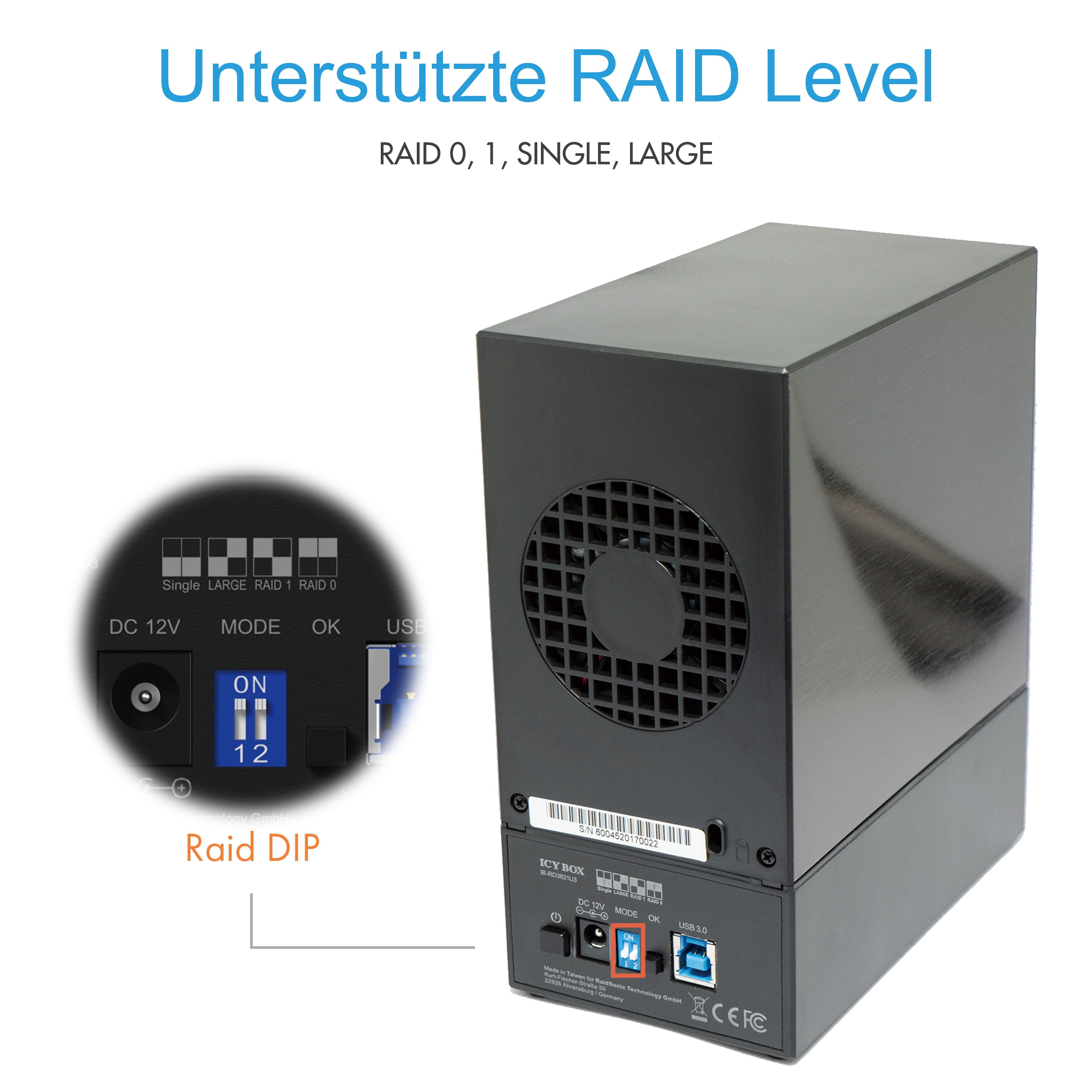 RAID Gehäuse für 2x HDD mit USB 3.0 Type-A Anschluss und Lüfter