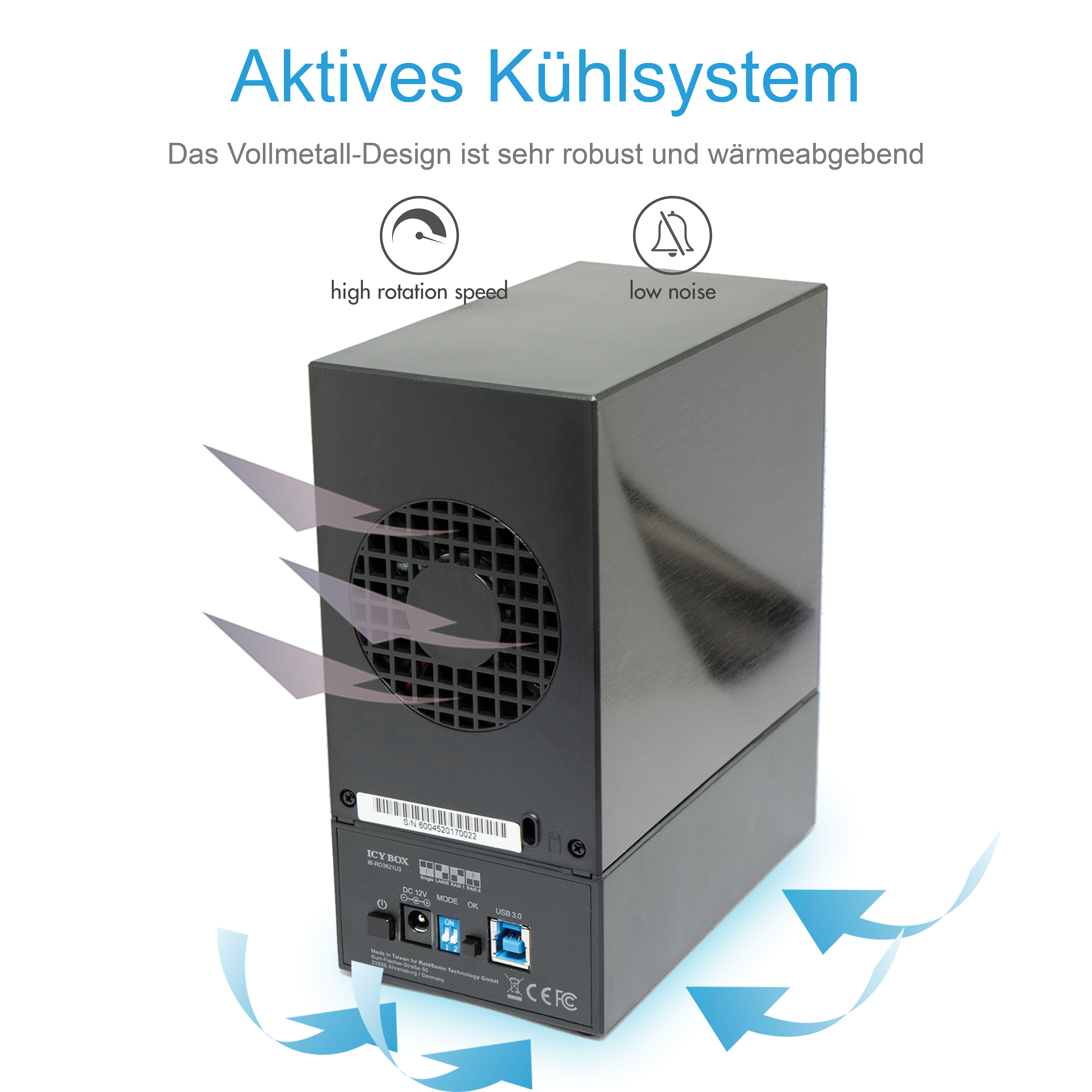 RAID Gehäuse für 2x HDD mit USB 3.0 Type-A Anschluss und Lüfter